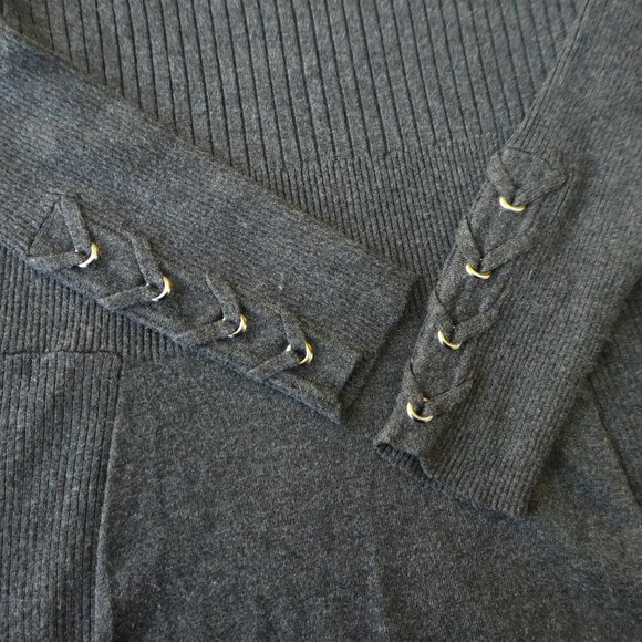Cache Charcoal Grey Sweater Dress Lace Up Neckline Cuffs Ribbed Knit Bodycon S - Picture 4 of 6